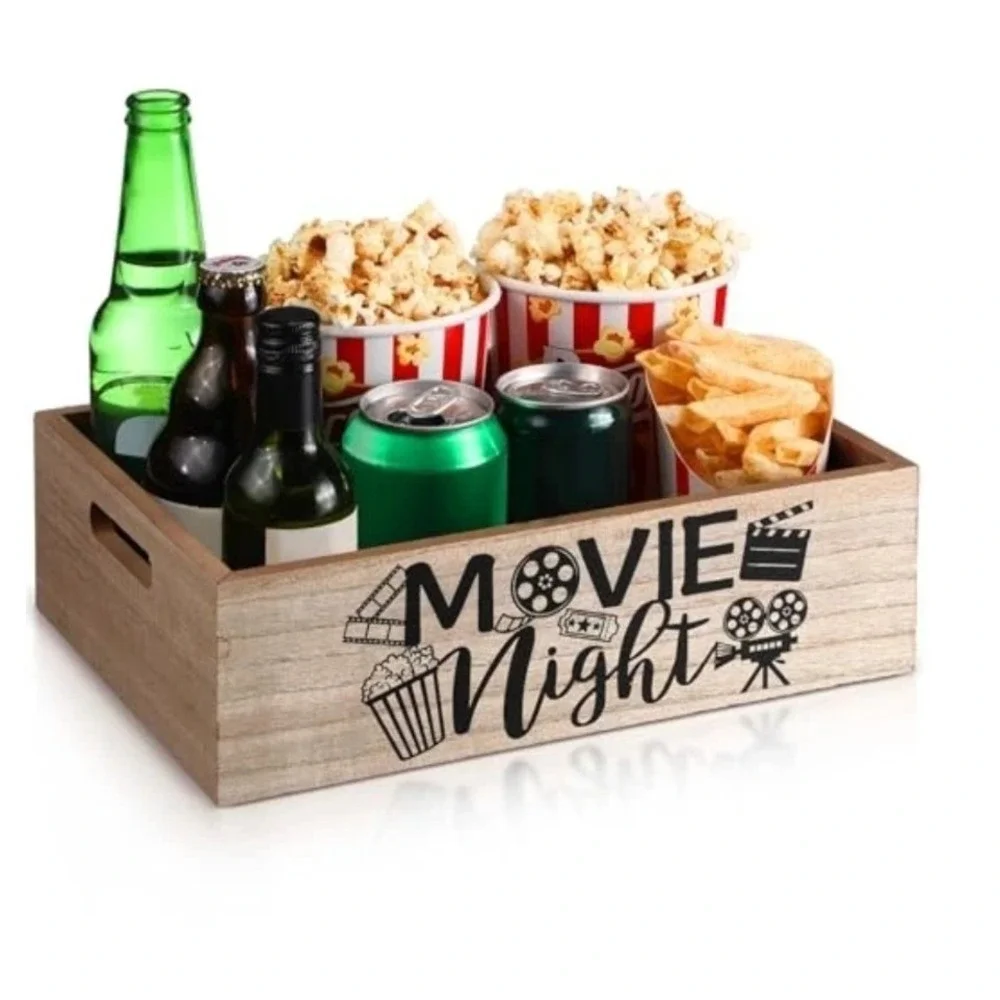 Movie Night Wooden Snack Caddy Rustic Popcorn Tray Cinema Decor 11.8x8.6x3.5in